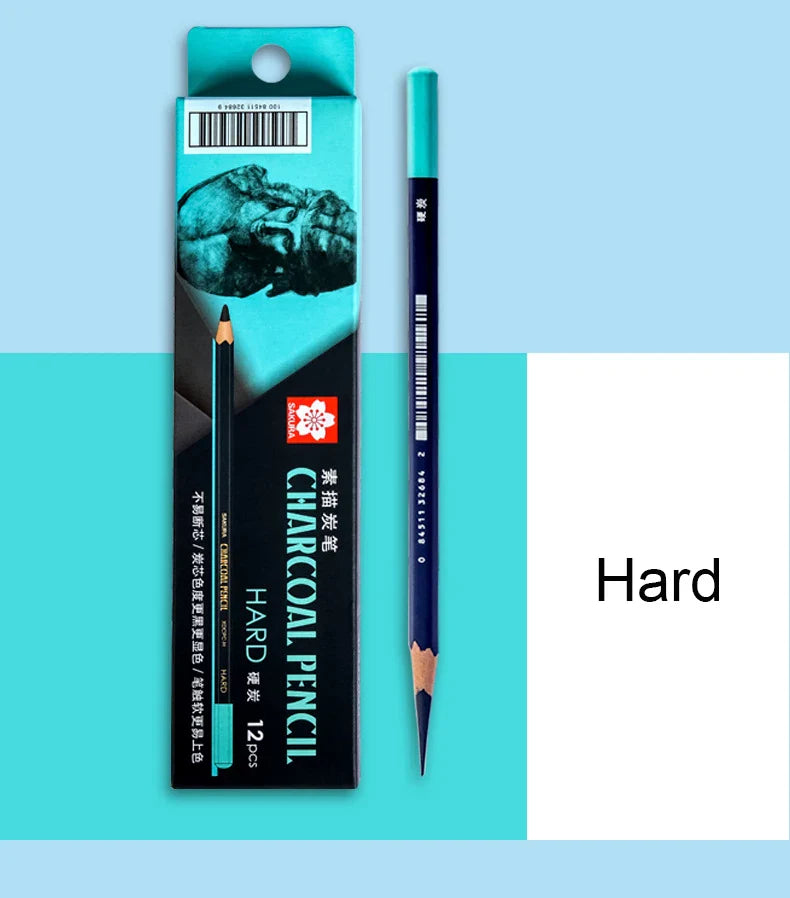 SAKURA Charcoal Pencils Drawing Set -12 Pieces Soft Medium Hard