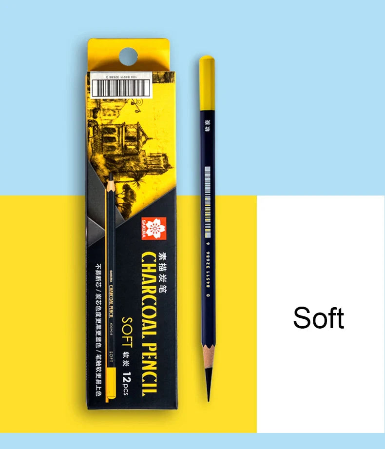 SAKURA Charcoal Pencils Drawing Set -12 Pieces Soft Medium Hard