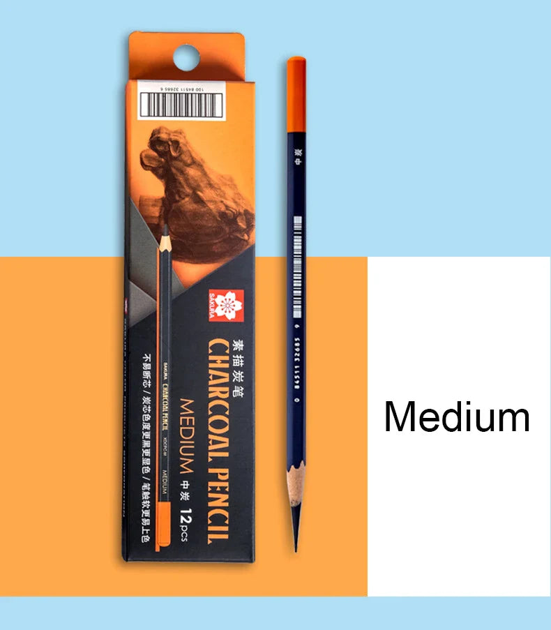 SAKURA Charcoal Pencils Drawing Set -12 Pieces Soft Medium Hard