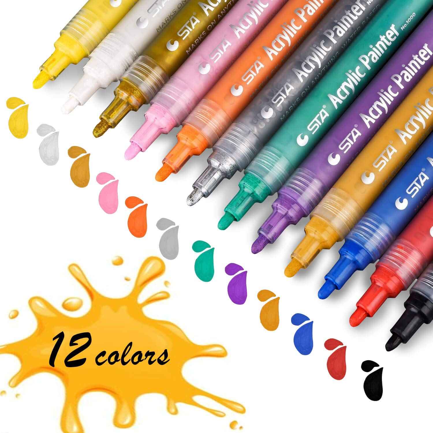 STA 1000 Acrylic Painter Marker Pens 12 Color for Glass Rock Wood Canvas - TTpen