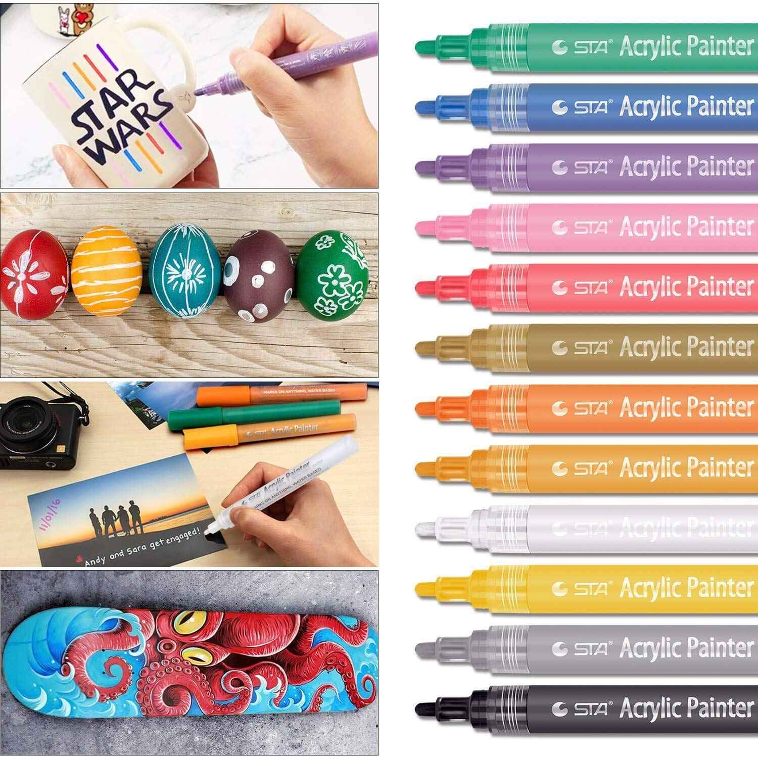 STA 1000 Acrylic Painter Marker Pens 12 Color for Glass Rock Wood Canvas - TTpen