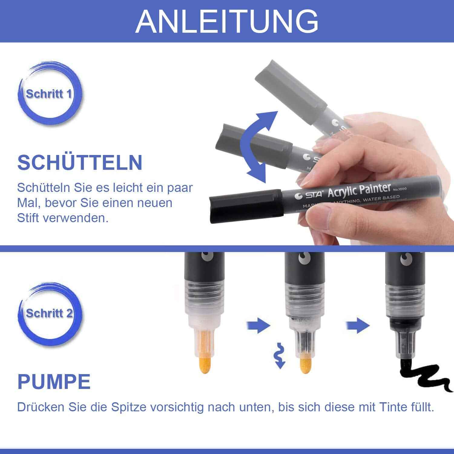 STA 1000 Acrylic Painter Marker Pens 12 Color for Glass Rock Wood Canvas - TTpen