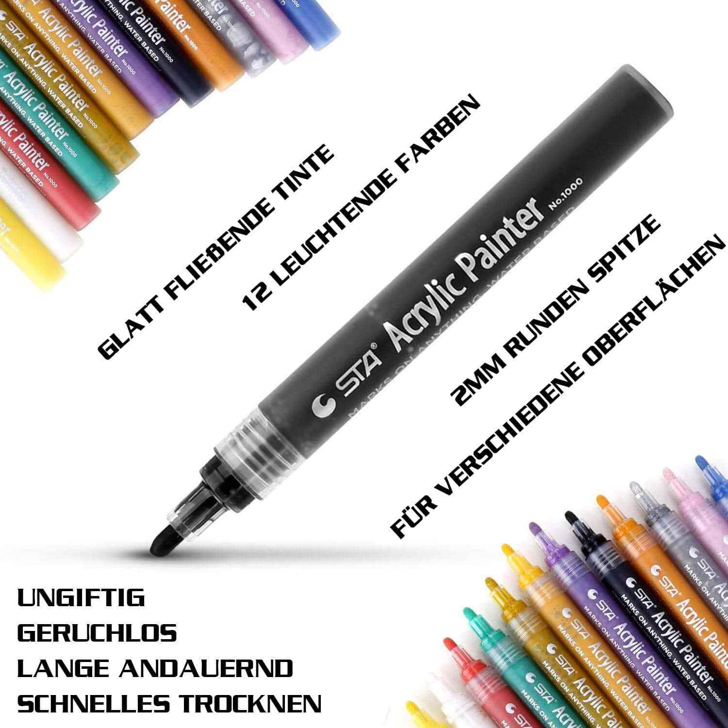 STA 1000 Acrylic Painter Marker Pens 12 Color for Glass Rock Wood Canvas - TTpen