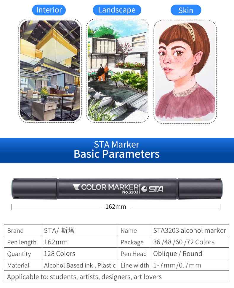 SAT 3203 Alcohol Art Markers 60 Color Dual Tip Product Design Set - TTpen