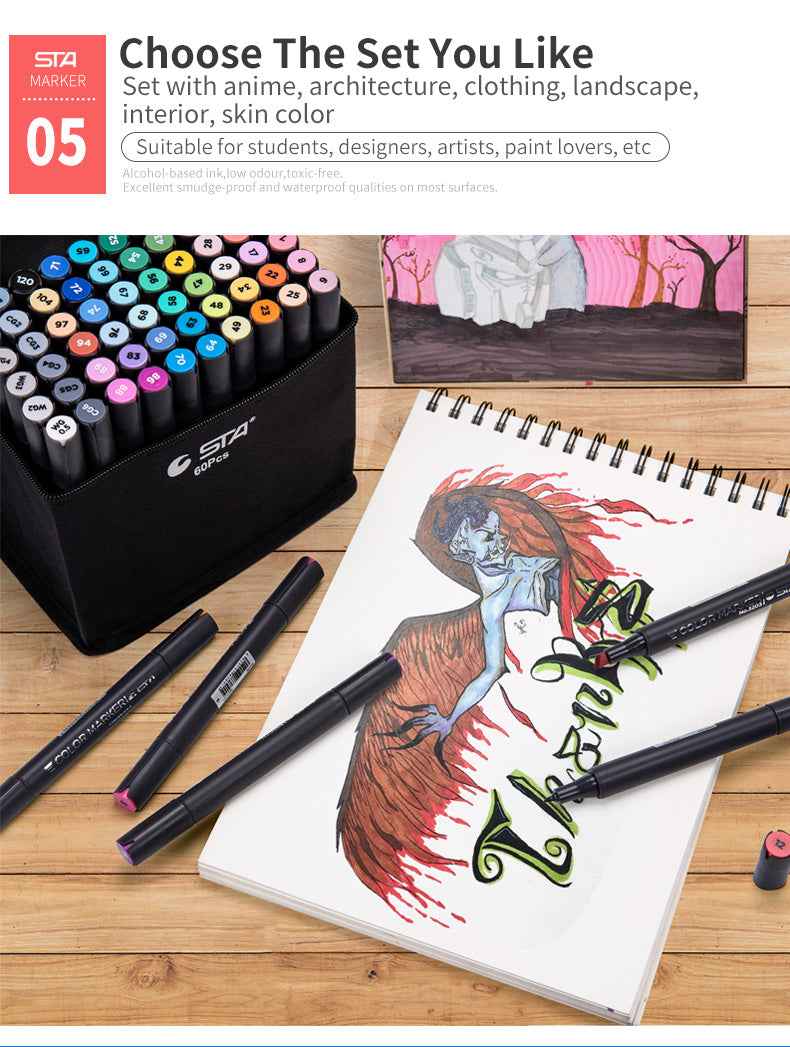SAT 3203 Alcohol Art Markers 60 Color Dual Tip Product Design Set - TTpen