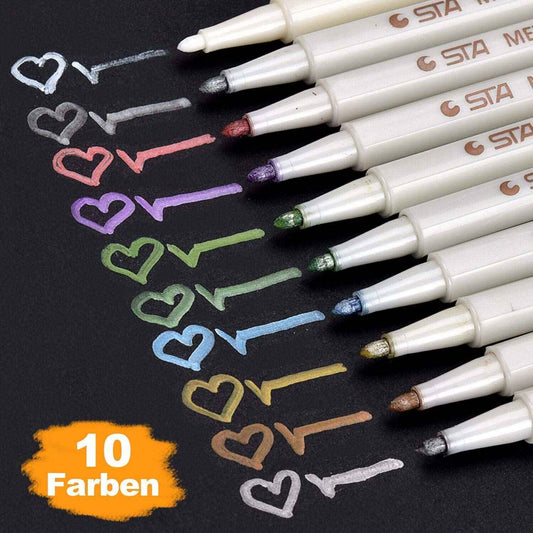 STA 10 Colors Metallic Marker Pens Fine Tip for DIY Photo Album,Scrapbooking,Card Marking - TTpen
