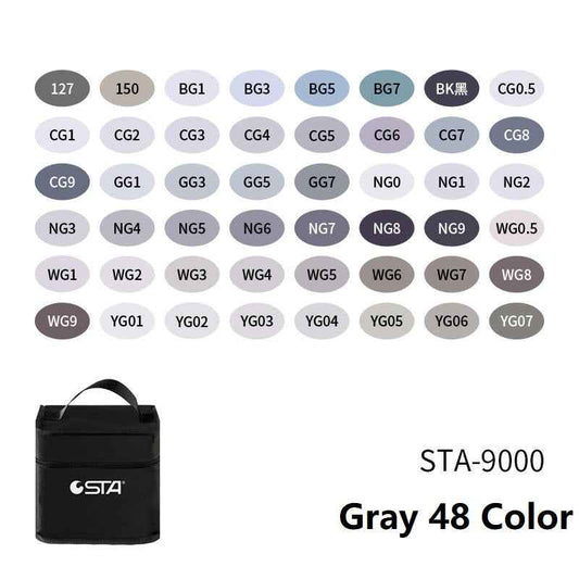 STA Pro Color Marker Plus 48 Gray Tone Alcohol Art Markers with Carrying Bag - TTpen