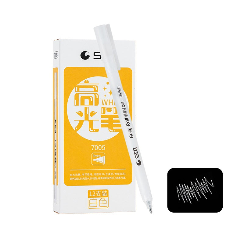 STA Gelly Roll Gel Pen 1mm Bold Tip White Gold Silver Ink 12 Pack White