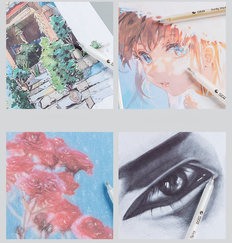 STA Gelly Roll Gel Pen 1mm Bold Tip White Gold Silver Ink 12 Pack