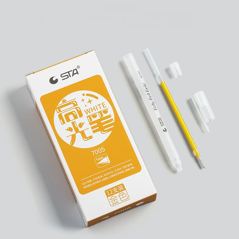 STA Gelly Roll Gel Pen 1mm Bold Tip White Gold Silver Ink 12 Pack