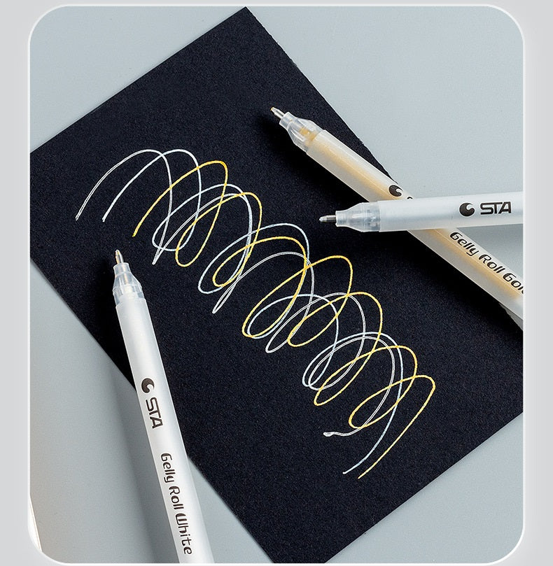 STA Gelly Roll Gel Pen 1mm Bold Tip White Gold Silver Ink 12 Pack
