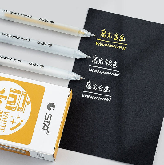 STA Gelly Roll Gel Pen 1mm Bold Tip White Gold Silver Ink 12 Pack