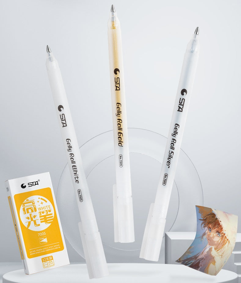 STA Gelly Roll Gel Pen 1mm Bold Tip White Gold Silver Ink 12 Pack