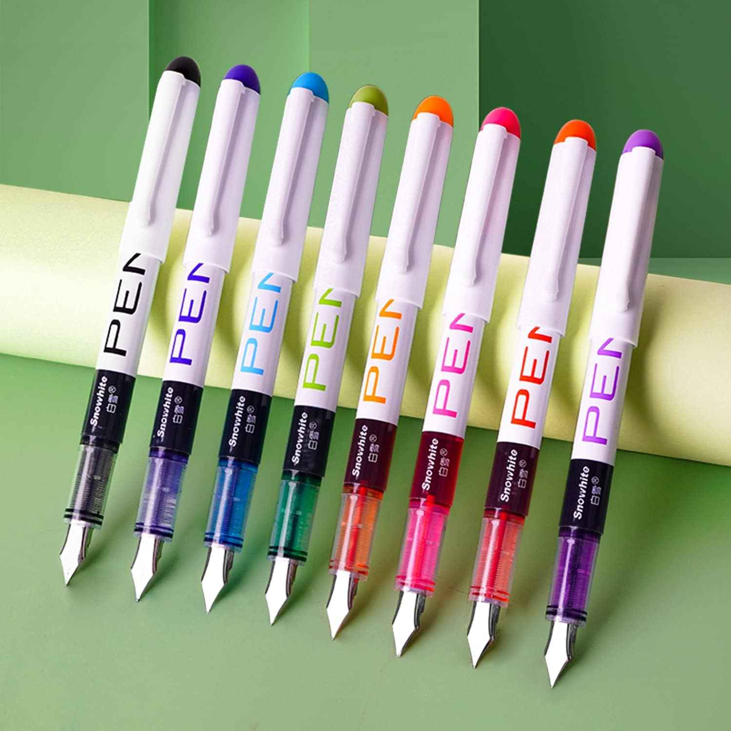 SNOWHITE 8 Colored Disposable Fountain Pens for Writing Extra Fine Nib Set - TTpen