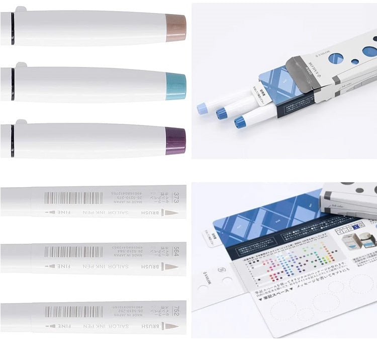 Sailor Ink Pen Kobo Brush and Fine Dual-Tip Marker 3 Color Set