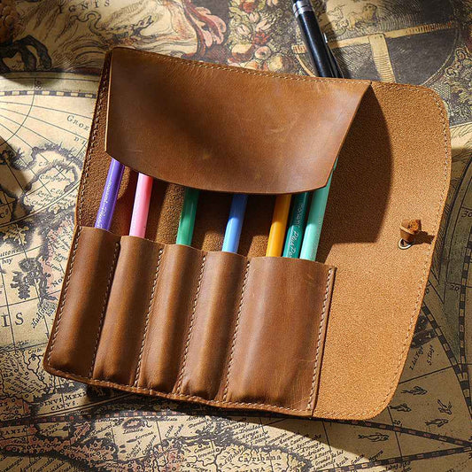 Roll-Up Leather Wrap Pen Pouch with 5 Slots - TTpen