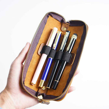 4 Divided Slots Zippered Leather Fountain Pen Case Pouch - TTpen