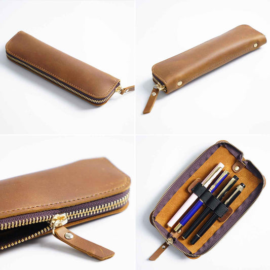 4 Divided Slots Zippered Leather Fountain Pen Case Pouch - TTpen