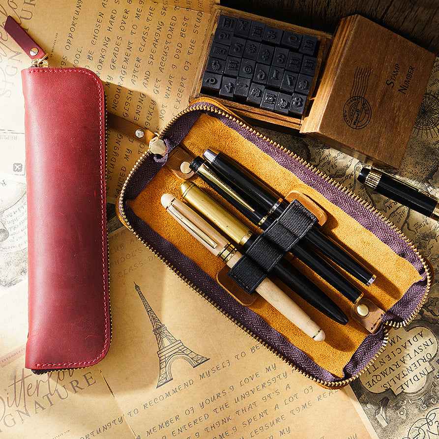 4 Divided Slots Zippered Leather Fountain Pen Case Pouch - TTpen