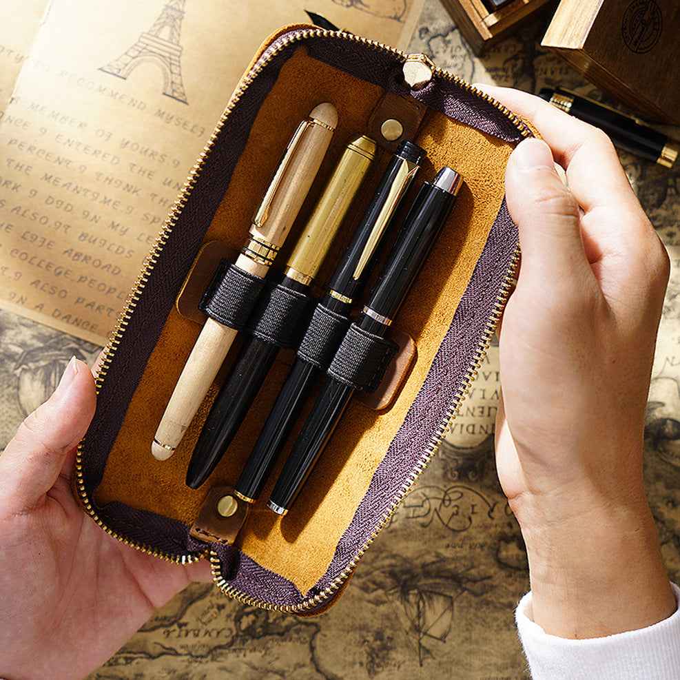 4 Divided Slots Zippered Leather Fountain Pen Case Pouch - TTpen