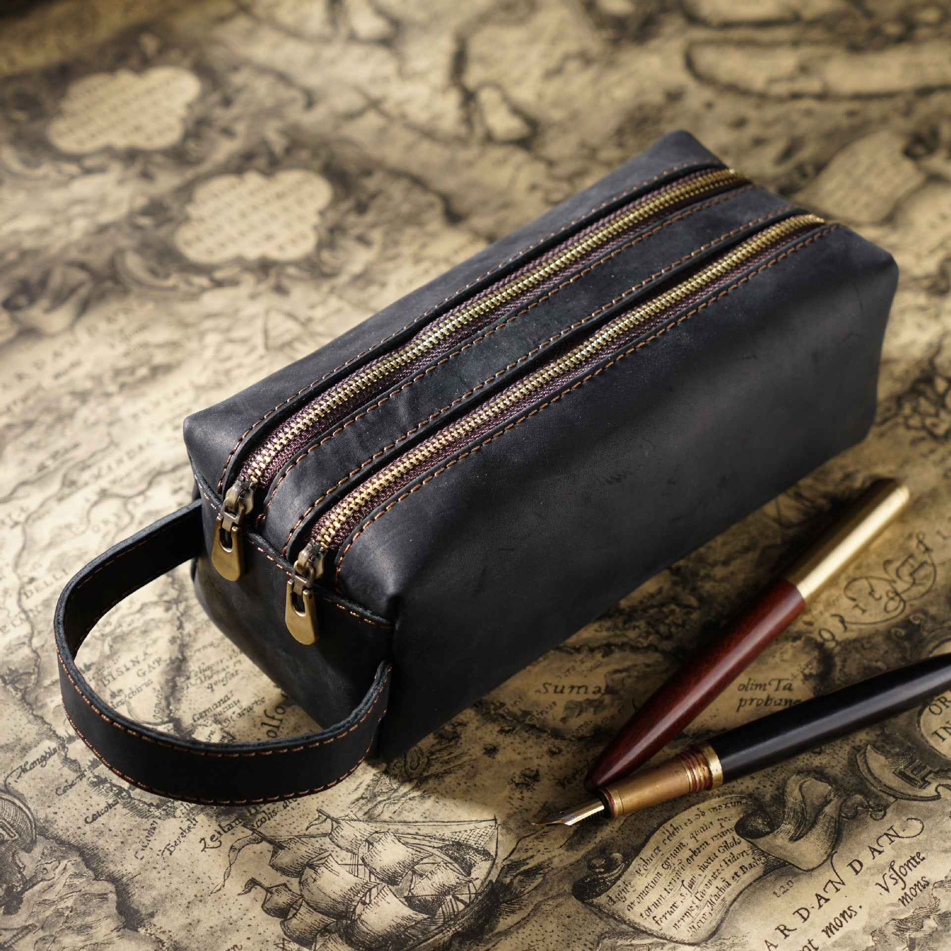 Vintage Leather Pen Pouch Big Capacity Pencil Case with 2 Compartment - TTpen