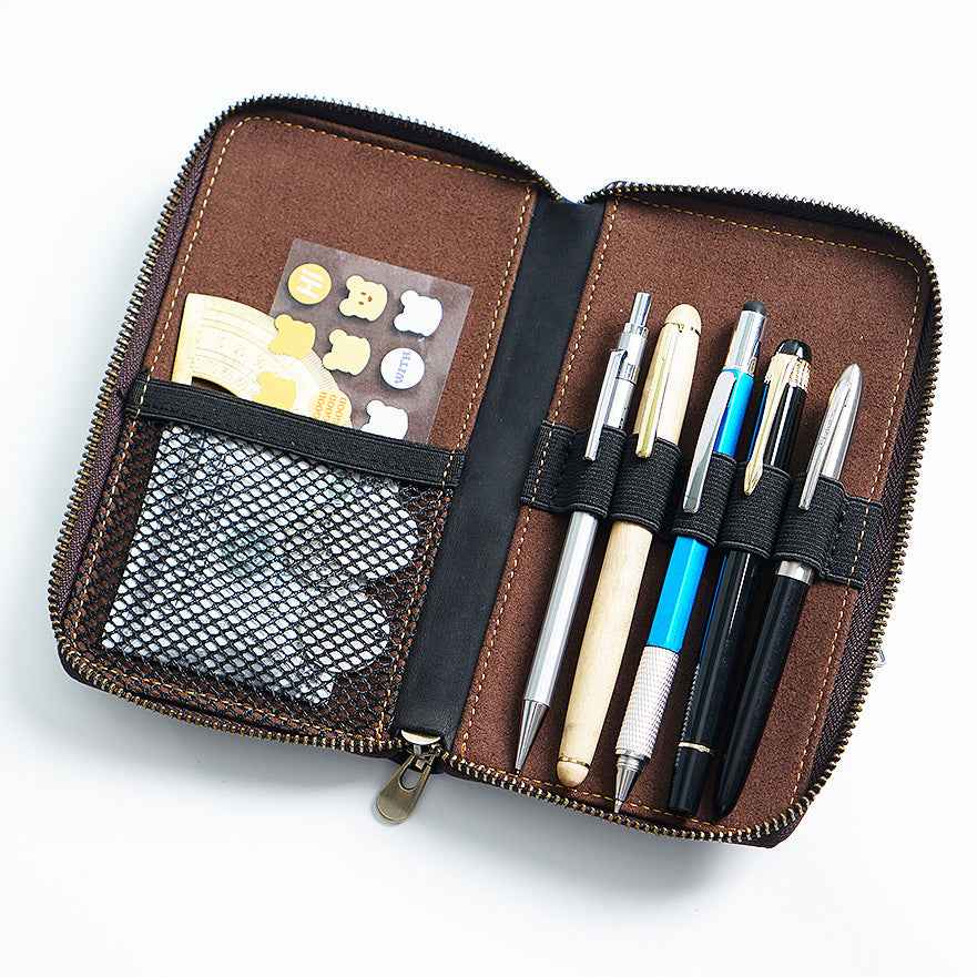 Leather Zippered Pen Organizer Case with 5 Slots and Net Holder - TTpen