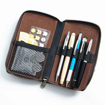 Leather Zippered Pen Organizer Case with 5 Slots and Net Holder - TTpen