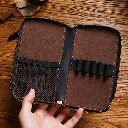 Leather Zippered Pen Organizer Case with 5 Slots and Net Holder - TTpen