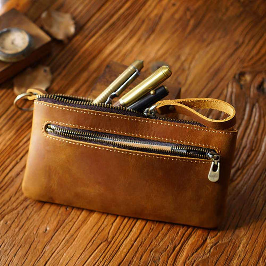 Vintage Zippered Leather Pen Bag Big Capacity Pencil Case - TTpen