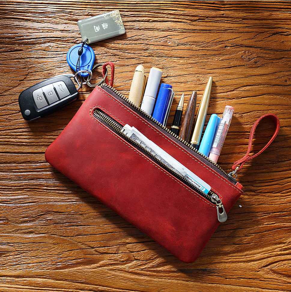 Vintage Zippered Leather Pen Bag Big Capacity Pencil Case - TTpen