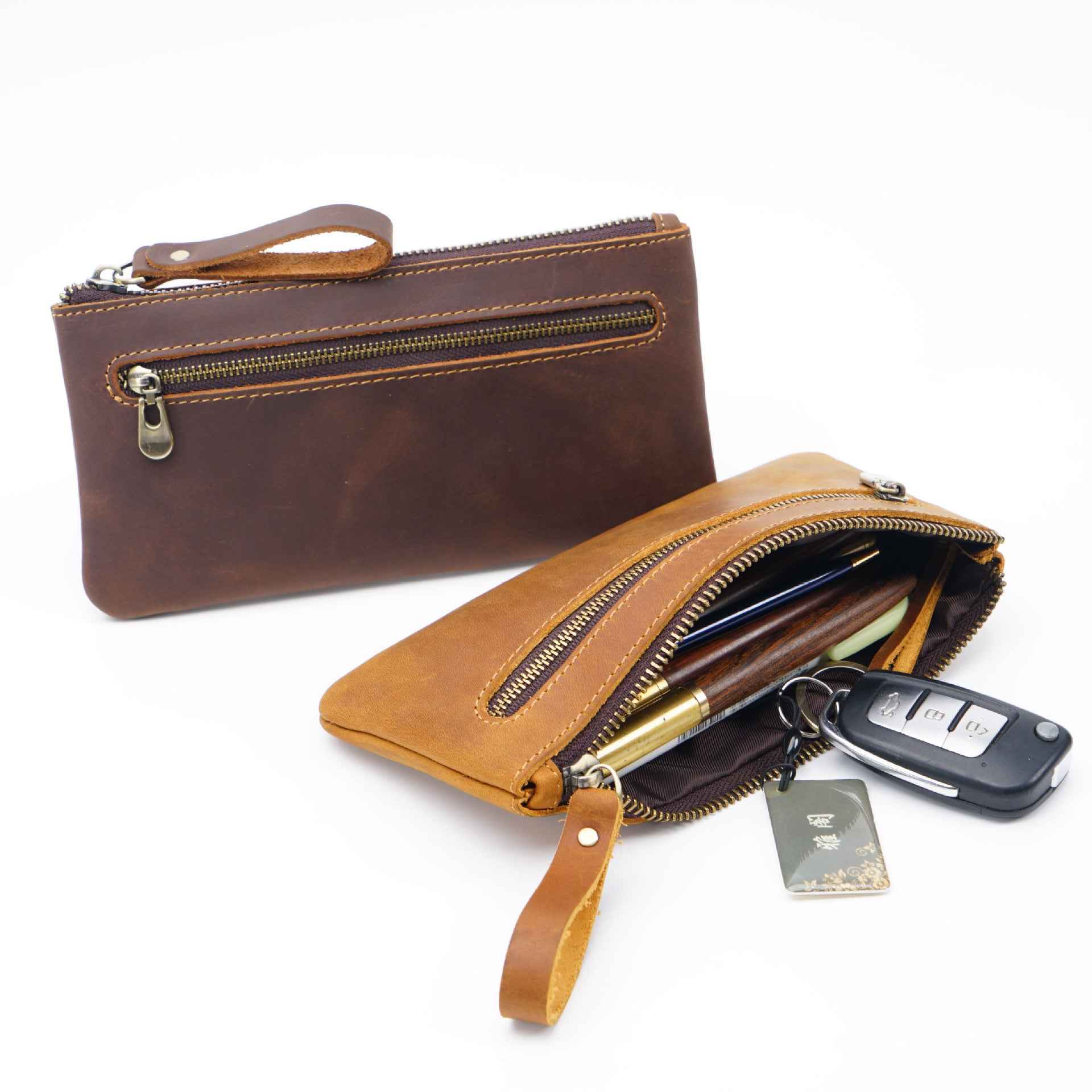 Vintage Zippered Leather Pen Bag Big Capacity Pencil Case - TTpen