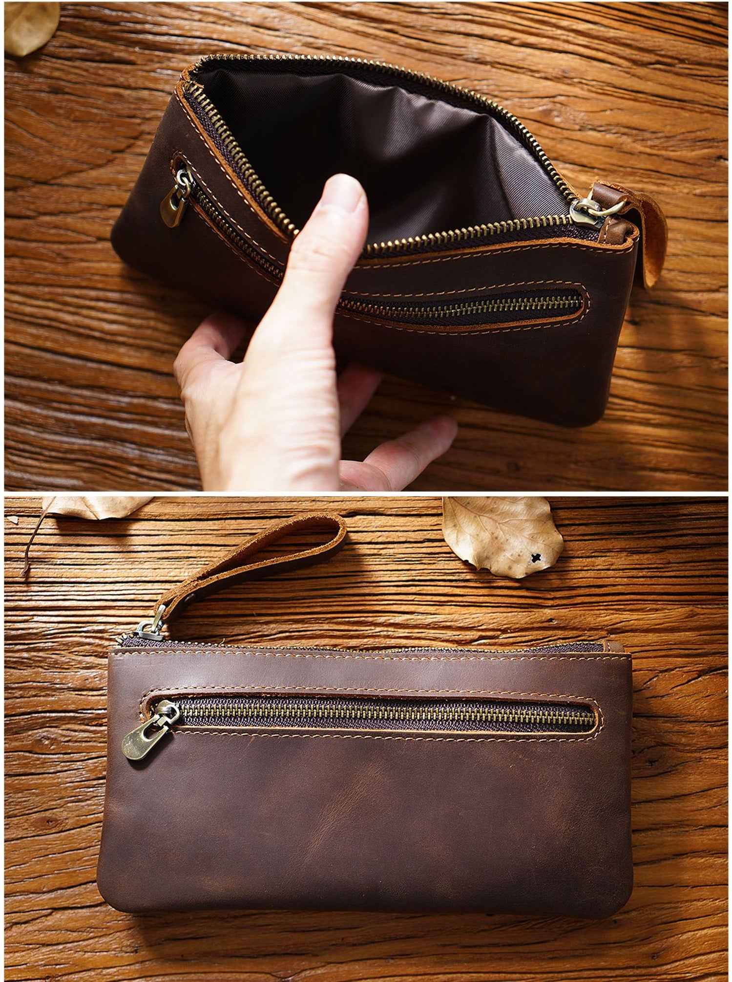 Vintage Zippered Leather Pen Bag Big Capacity Pencil Case - TTpen