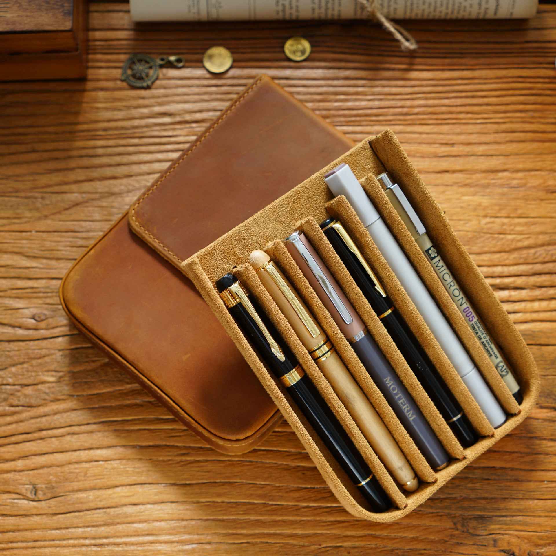 Vintage Leather Pen Case Storage with 6 Slots - TTpen