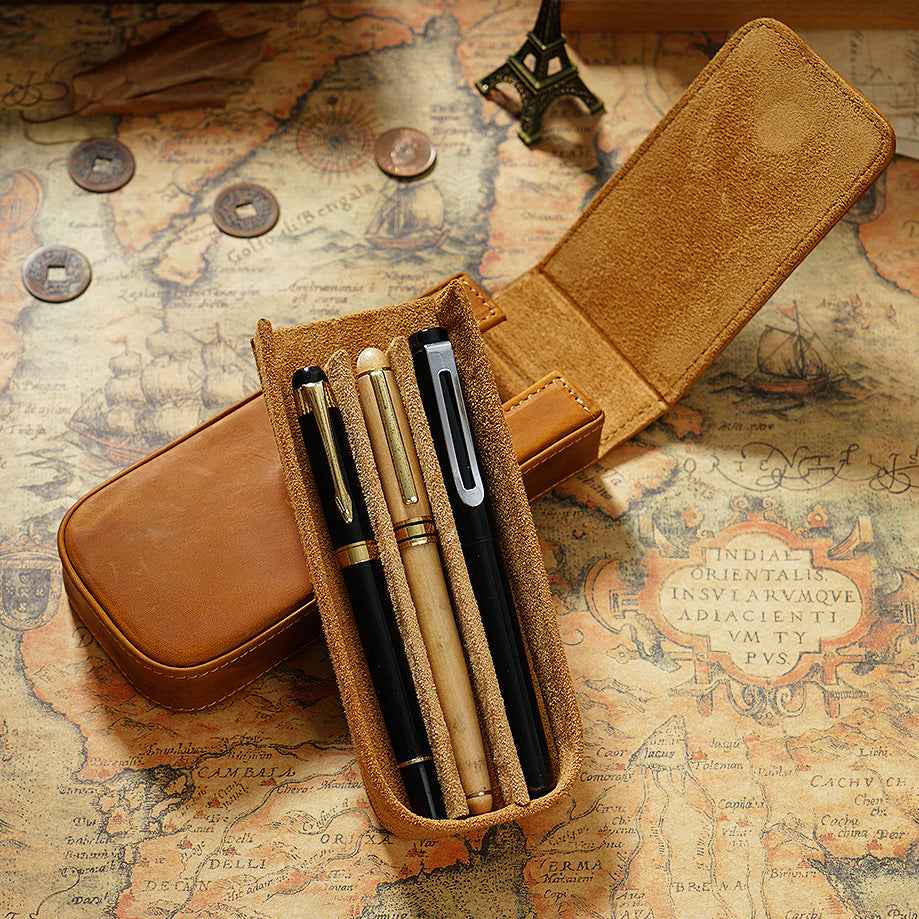 Vintage Leather Pen Case Storage with 3 Slots - TTpen