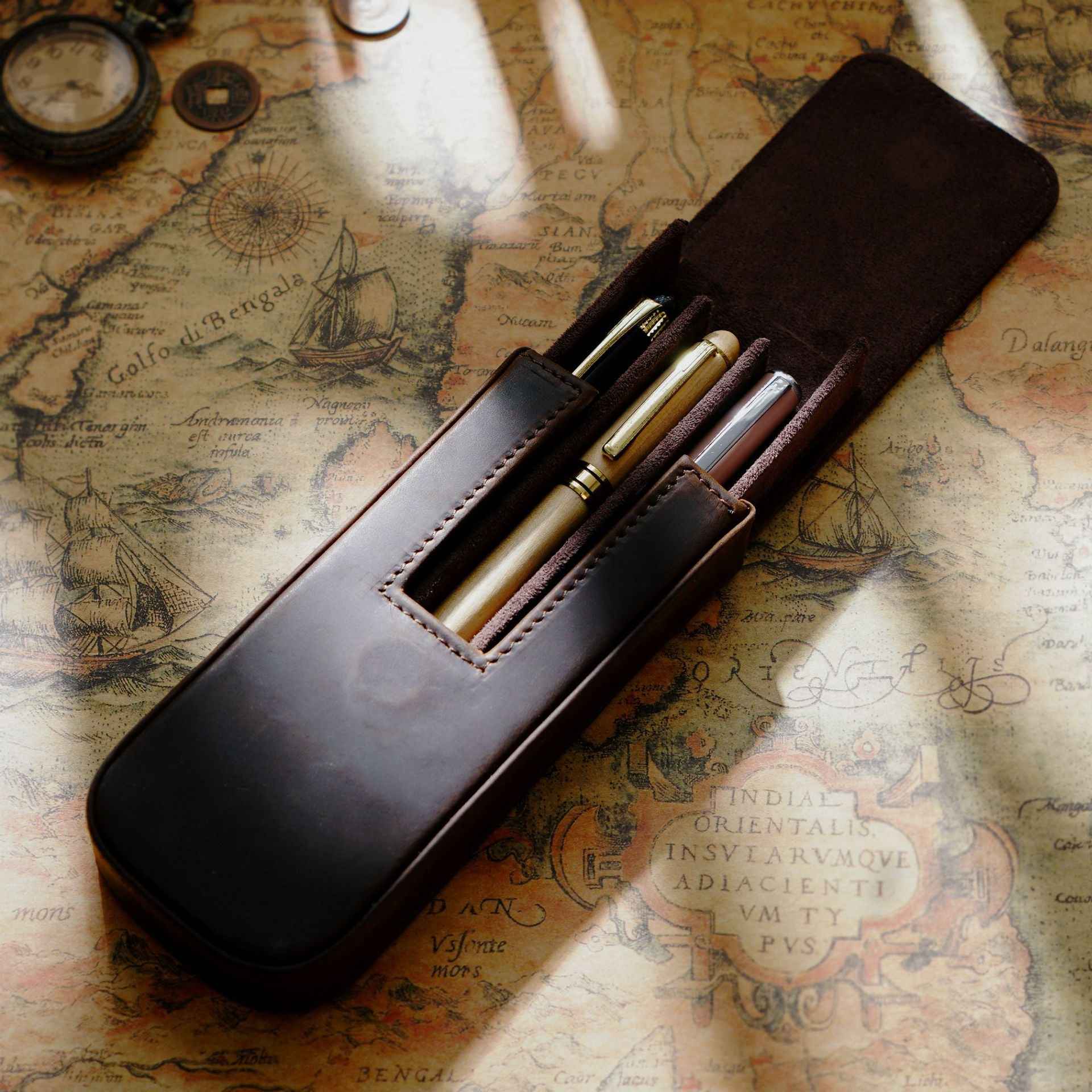 Vintage Leather Pen Case Storage with 3 Slots - TTpen