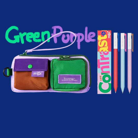 Pecpec Well Color-Block Pencil Case with 3 Gel Pens