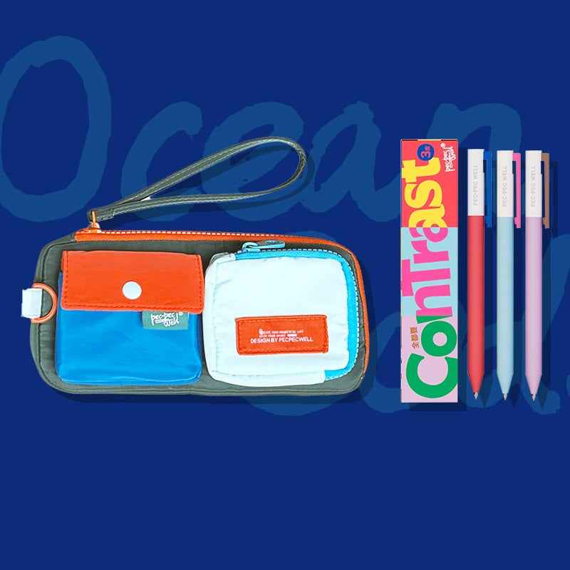 Pecpec Well Color-Block Pencil Case with 3 Gel Pens