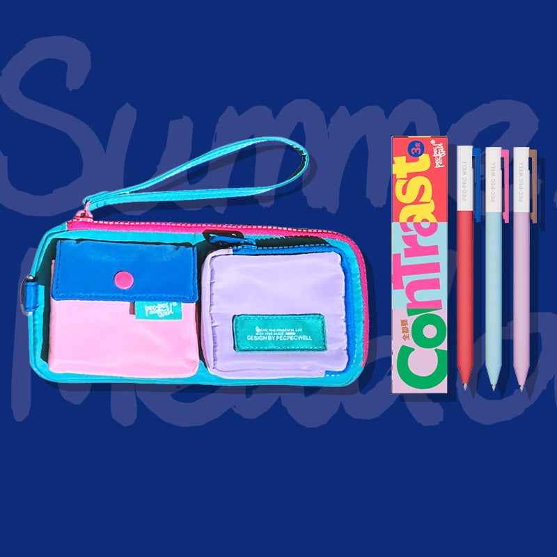 Pecpec Well Color-Block Pencil Case with 3 Gel Pens