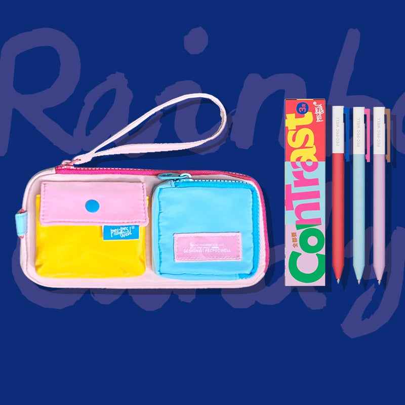 Pecpec Well Color-Block Pencil Case with 3 Gel Pens