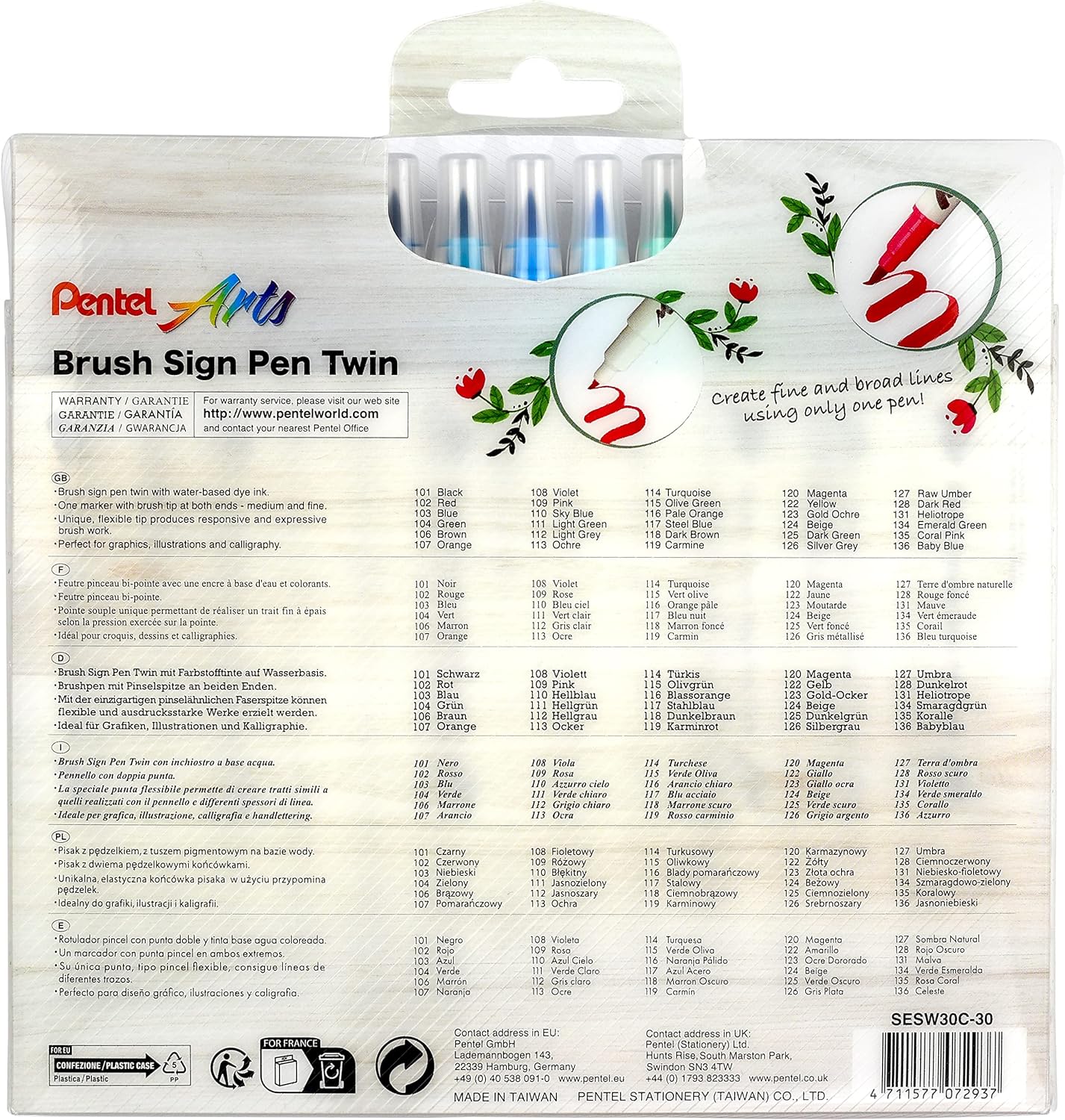 Pentel SESW30C Brush Sign Pen Twin, 12/18/24/30 Colour Set