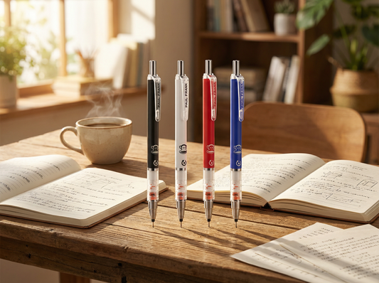 Paul Frank Mechanical Pencils lifestyle scene on wooden desk with notebooks and coffee