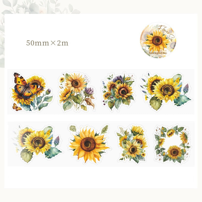 8PCS Sunflower & Rose Floral PET Washi Tape Set  for Journaling DIY