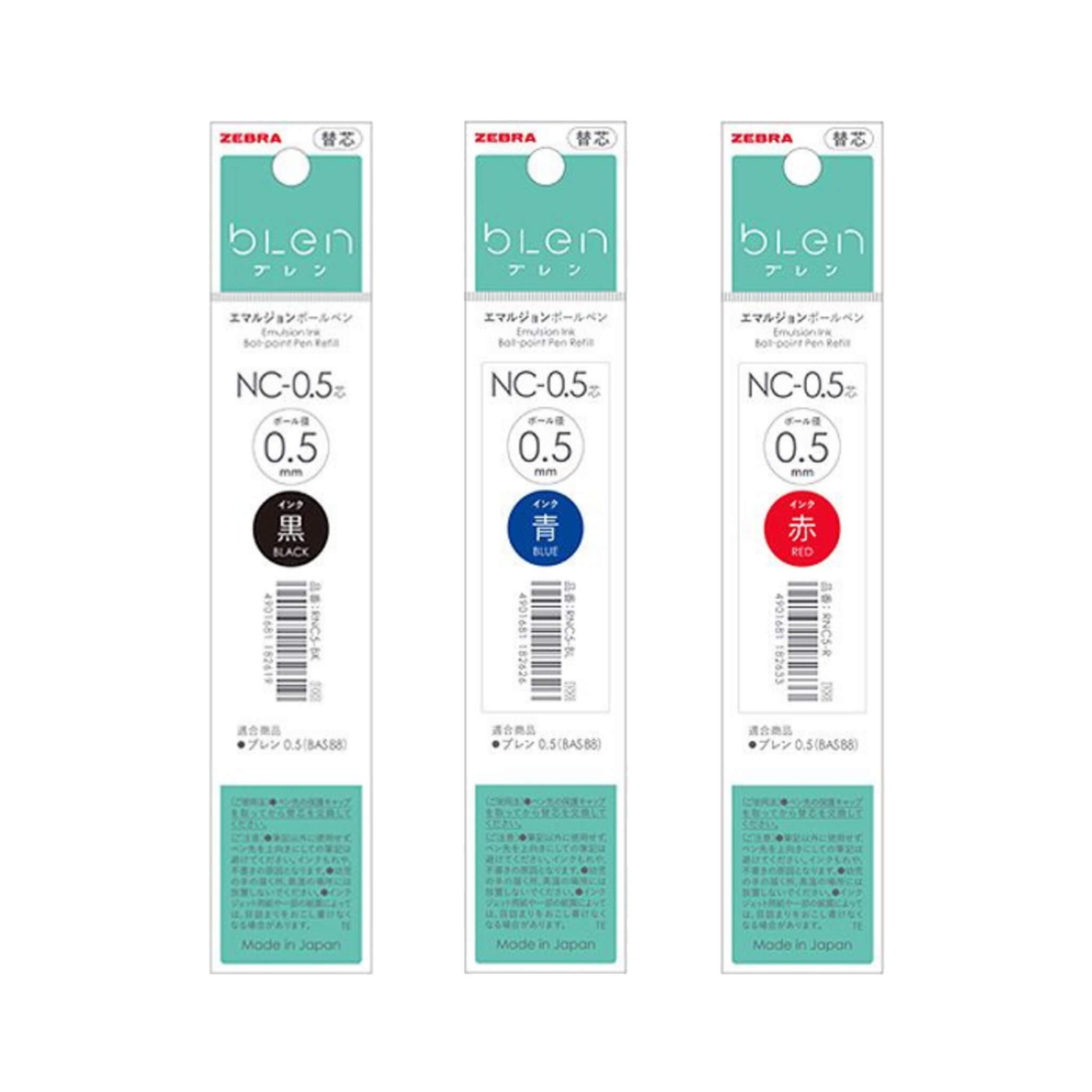 Zebra bLen Ballpoint Pen Refill NC-0.5,Black/Blue/Red Ink,5 Pack