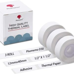 Phomemo D30 Adhesive White Label Paper (12mm X 40mm) White,3 Roll