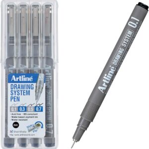 Artline Drawing System Pens, 0.1, 0.3, 0.5, 0.7 mm ,4 Pack