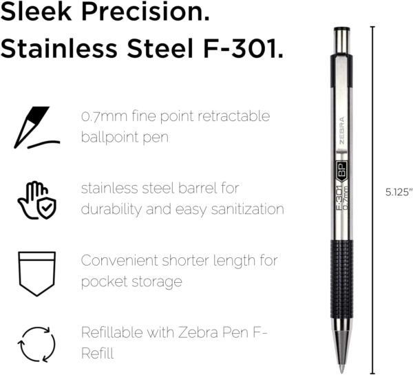 Zebra Pen F-301 Compact Ballpoint Stainless Steel Retractable Pen 0.7mm - Image 2