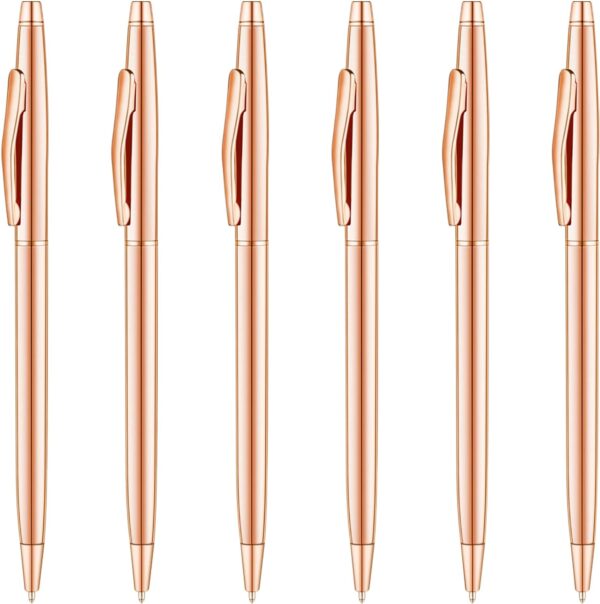 Rose Gold Slim Metallic Retractable Ballpoint Pens 6 Pack