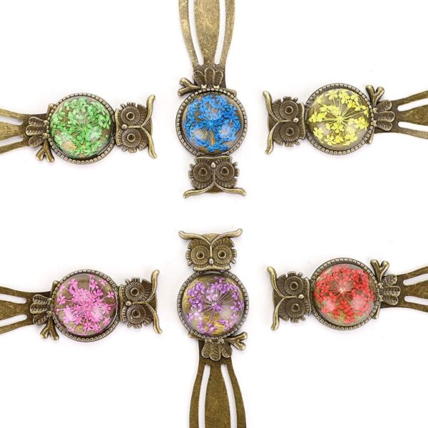 6 Metal Bookmark Clips Vintage Owl Bookmark Ruler with Dried Flower