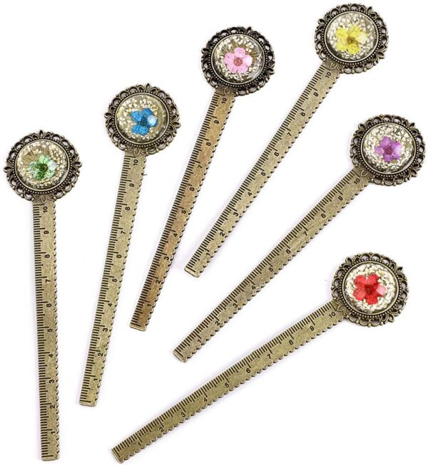 6PCS Retro Metal Bookmark Ruler Bronze Book Mark with Dried Flower