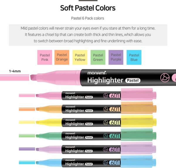 MONAMI Highlighter 601 Pastel,Chisel Tip,Assorted Colors,6-Pack